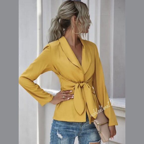 Women's V Neck Blazer Jacket Self Tie Knot Yellow or Choose Color - Picture 2 of 16